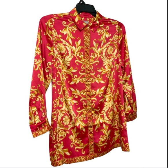 Chico's Women's Boho Ornate Scroll-Print Long Sleeve Tunic Sz Small Pink Gold - Picture 5 of 14